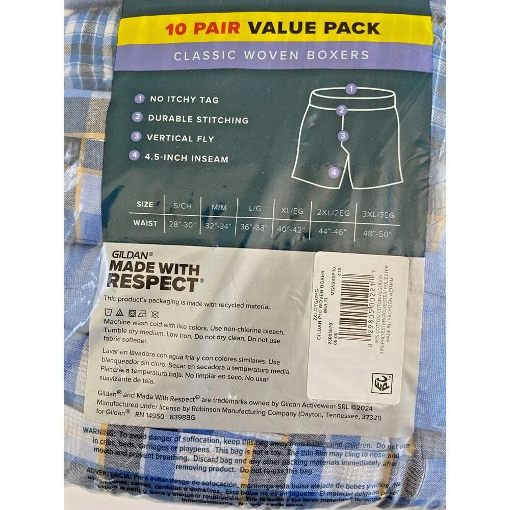 10-Pair GILDAN Men’s 2XL Classic Woven Boxers Shorts Underwear Tag Free Plaid
